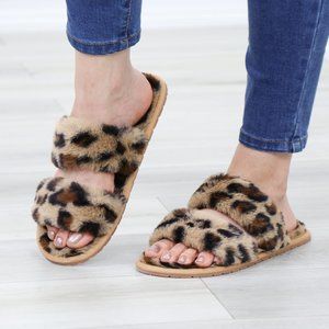 Leopard Tan Puff Fuzzy Fluffy Slip On Plush Slippers Double Strap